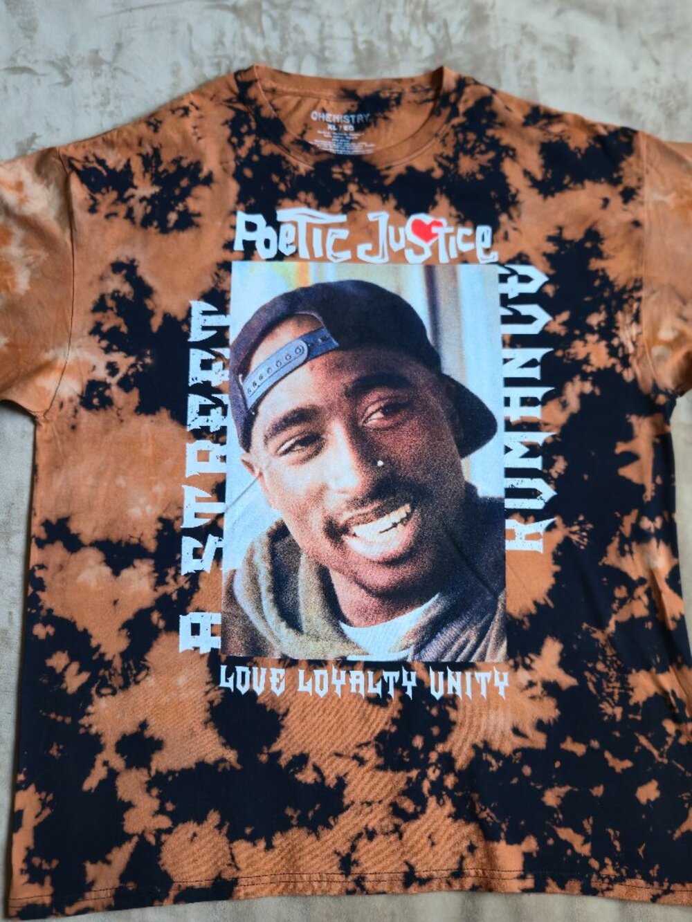 Poetic Justice Tupac Shakur 2Pac Bleach Tie Dye Graphic T-Shirt Orange Men's XL